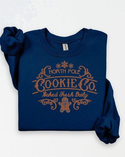 North Pole Cookie Co. Christmas Sweatshirt – Embroidered Gingerbread Holiday Crewneck – Cozy Rustic Farmhouse Style Sweater Gift