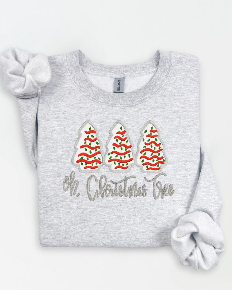 Oh Christmas Tree Sweatshirt – Embroidered Holiday Crewneck with Christmas Cakes – Cozy Unisex Christmas Sweater Gift