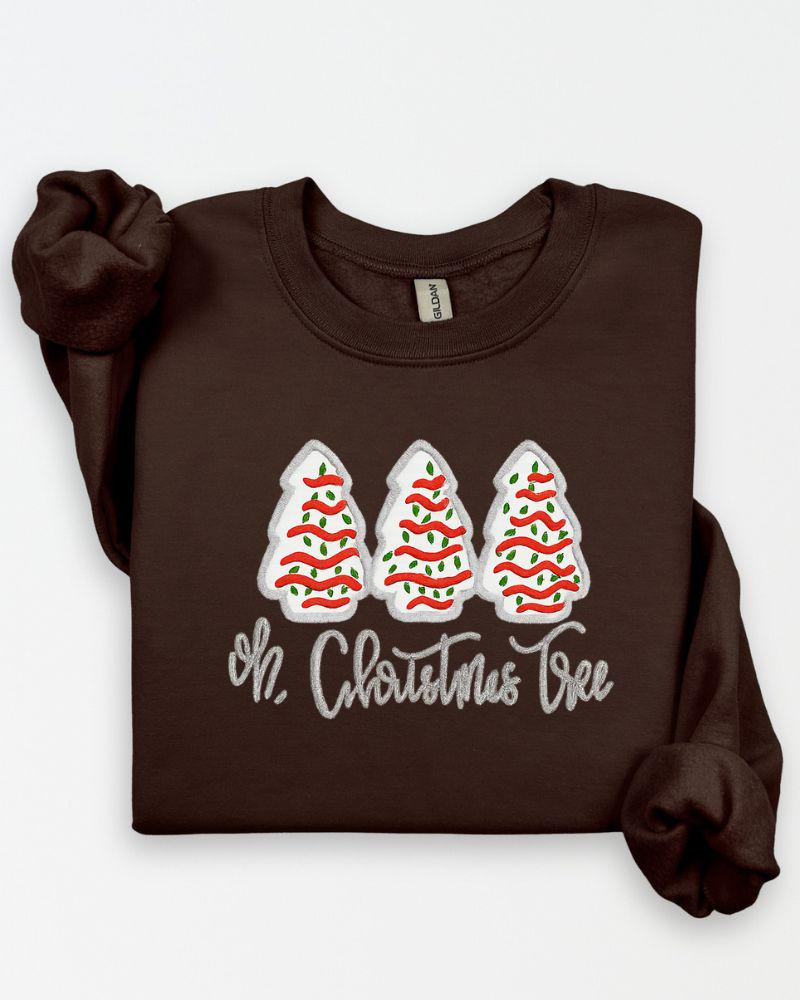 Oh Christmas Tree Sweatshirt – Embroidered Holiday Crewneck with Christmas Cakes – Cozy Unisex Christmas Sweater Gift