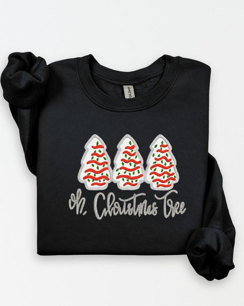 Oh Christmas Tree Sweatshirt – Embroidered Holiday Crewneck with Christmas Cakes – Cozy Unisex Christmas Sweater Gift