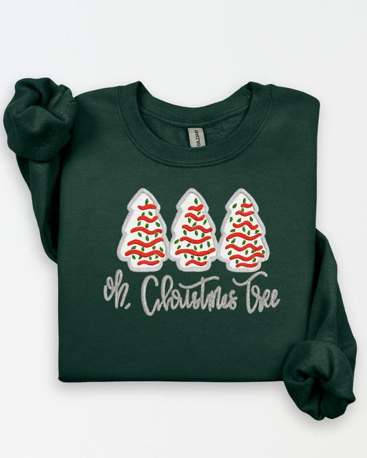 Oh Christmas Tree Sweatshirt – Embroidered Holiday Crewneck with Christmas Cakes – Cozy Unisex Christmas Sweater Gift