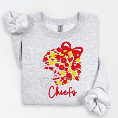 Red Gold Floral Football Embroidered Sweatshirt | Cozy Game Day Crewneck | Red & Yellow Football Fan Apparel | Fall Winter Outfit
