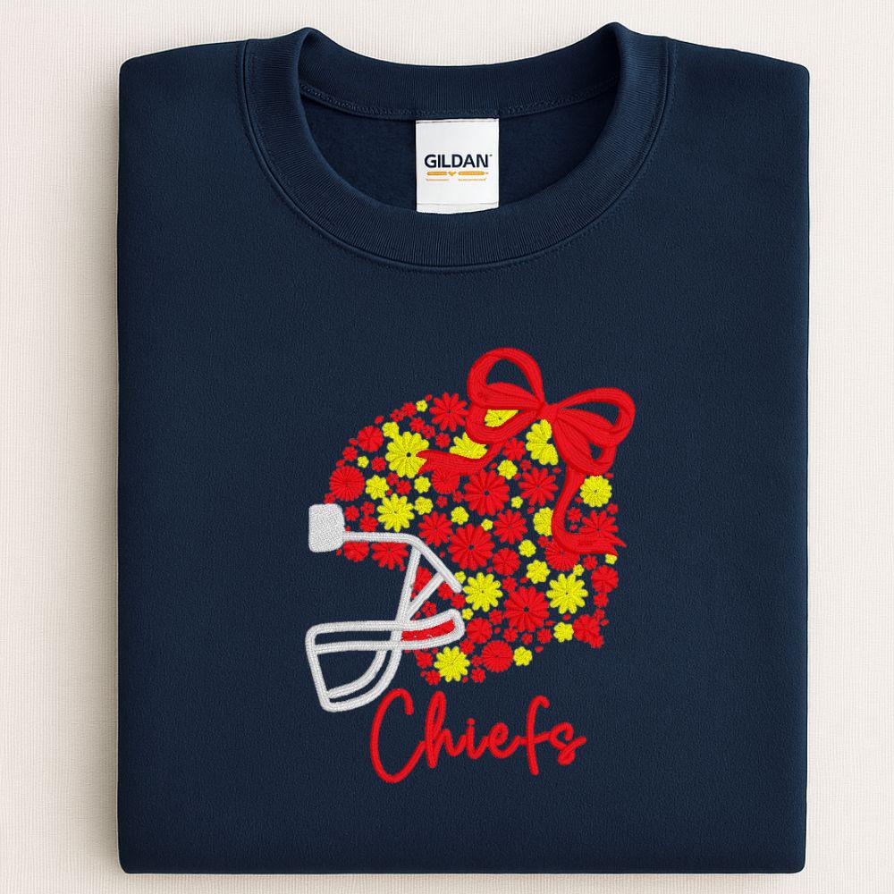 Red Gold Floral Football Embroidered Sweatshirt | Cozy Game Day Crewneck | Red & Yellow Football Fan Apparel | Fall Winter Outfit