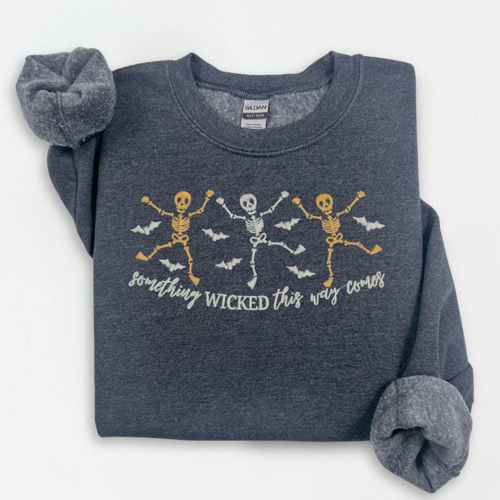 Skeleton Dance Embroidered Halloween Sweatshirt | Spooky Fall Crewneck | Retro Witches Night Pullover | Cozy Autumn Outfit
