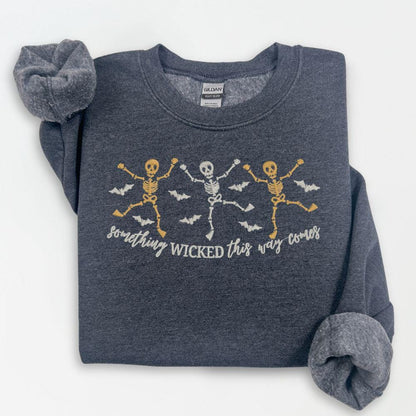 Skeleton Dance Embroidered Halloween Sweatshirt | Spooky Fall Crewneck | Retro Witches Night Pullover | Cozy Autumn Outfit