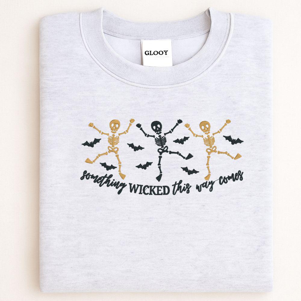 Skeleton Dance Embroidered Halloween Sweatshirt | Spooky Fall Crewneck | Retro Witches Night Pullover | Cozy Autumn Outfit