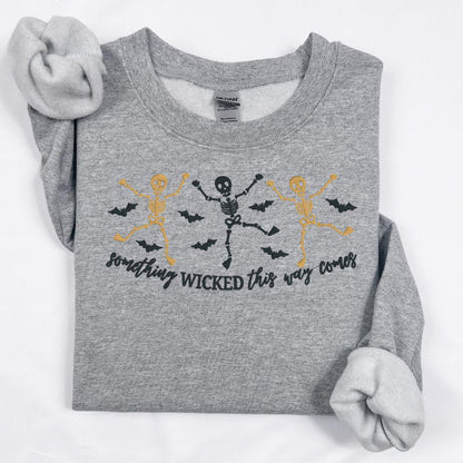 Skeleton Dance Embroidered Halloween Sweatshirt | Spooky Fall Crewneck | Retro Witches Night Pullover | Cozy Autumn Outfit