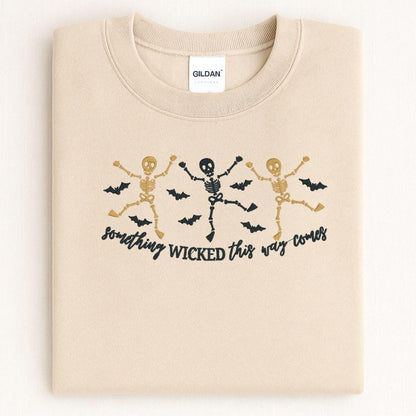 Skeleton Dance Embroidered Halloween Sweatshirt | Spooky Fall Crewneck | Retro Witches Night Pullover | Cozy Autumn Outfit