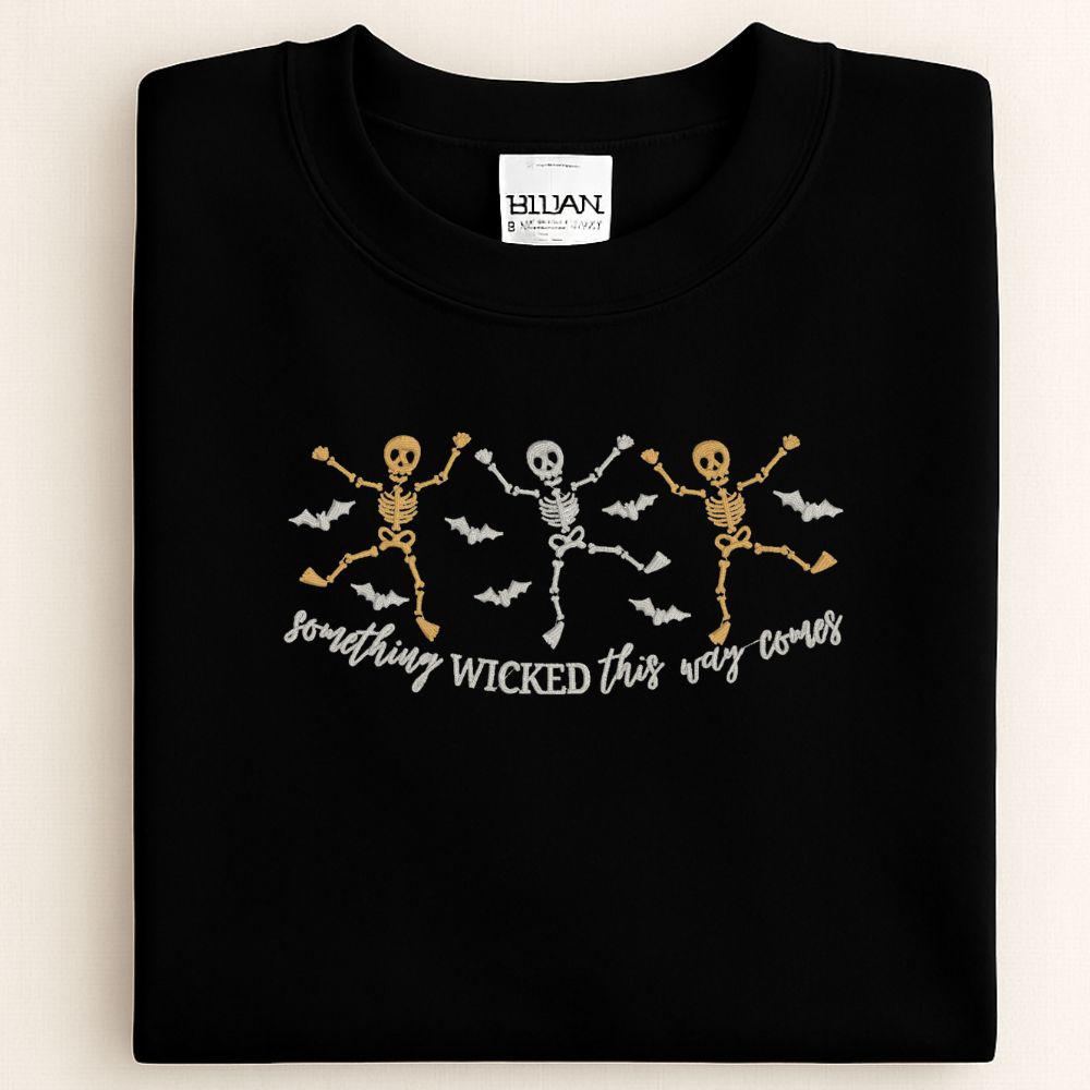 Skeleton Dance Embroidered Halloween Sweatshirt | Spooky Fall Crewneck | Retro Witches Night Pullover | Cozy Autumn Outfit