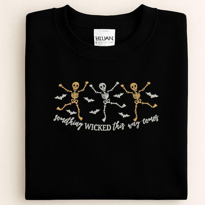 Skeleton Dance Embroidered Halloween Sweatshirt | Spooky Fall Crewneck | Retro Witches Night Pullover | Cozy Autumn Outfit