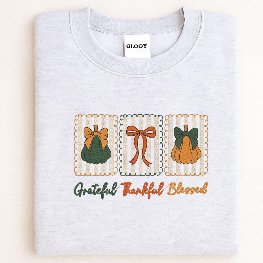 Grateful Thankful Blessed Embroidered Sweatshirt | Fall Pumpkin Crewneck | Cozy Thanksgiving Shirt | Autumn Harvest Outfit | Gift