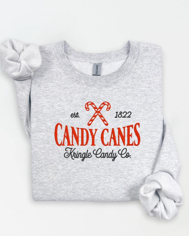 Candy Cane Kringle Candy Co. Embroidered Sweatshirt – Festive Holiday Crewneck-Cute Cozy Xmas Pullover-Winter Outfit Gift