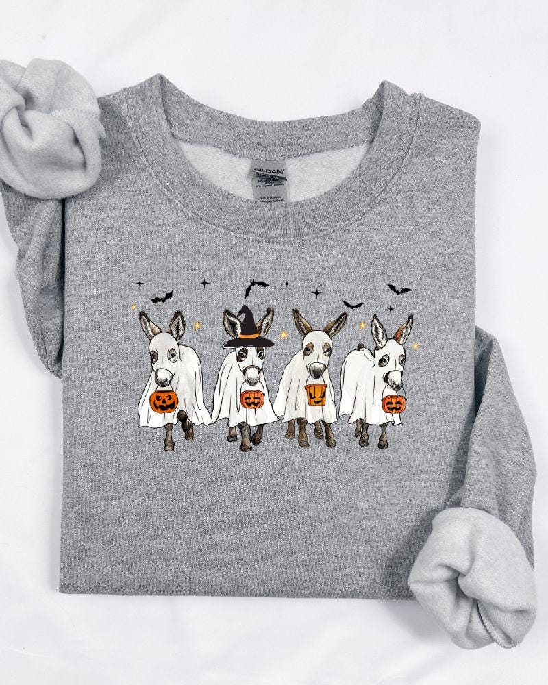 Halloween Donkey Sweatshirt –DTG Ghost & Pumpkin Donkeys – Cozy Unisex Fall Crewneck Sweater Gift for Animal Lovers