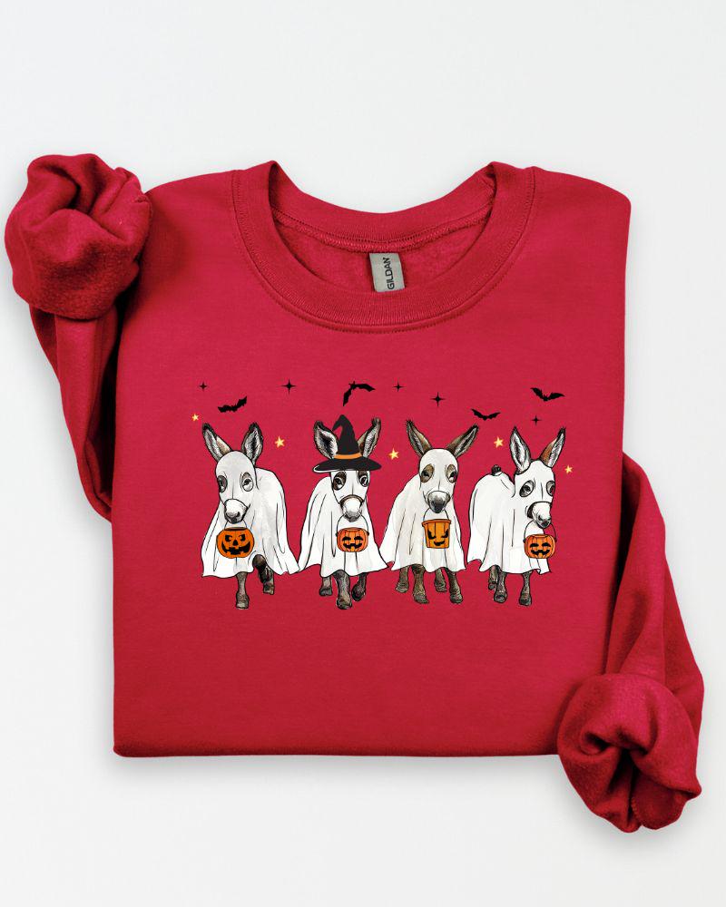 Halloween Donkey Sweatshirt –DTG Ghost & Pumpkin Donkeys – Cozy Unisex Fall Crewneck Sweater Gift for Animal Lovers