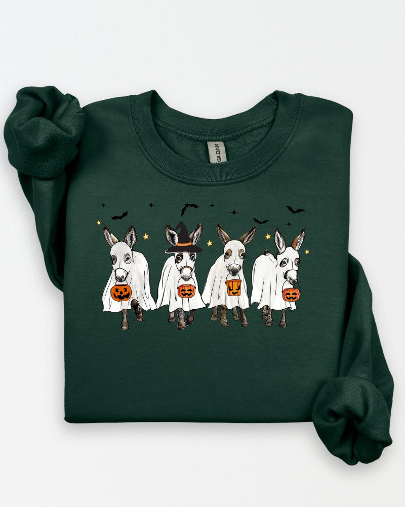 Halloween Donkey Sweatshirt –DTG Ghost & Pumpkin Donkeys – Cozy Unisex Fall Crewneck Sweater Gift for Animal Lovers