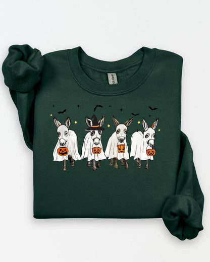 Halloween Donkey Sweatshirt –DTG Ghost & Pumpkin Donkeys – Cozy Unisex Fall Crewneck Sweater Gift for Animal Lovers