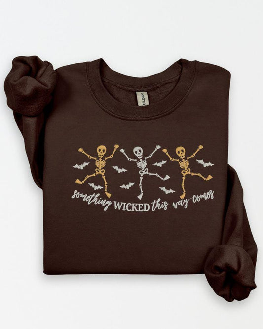 Halloween Skeleton Embroidered Sweatshirt – Spooky Dancing Skeletons & Bats – Cozy Fall Crewneck Sweater Unisex