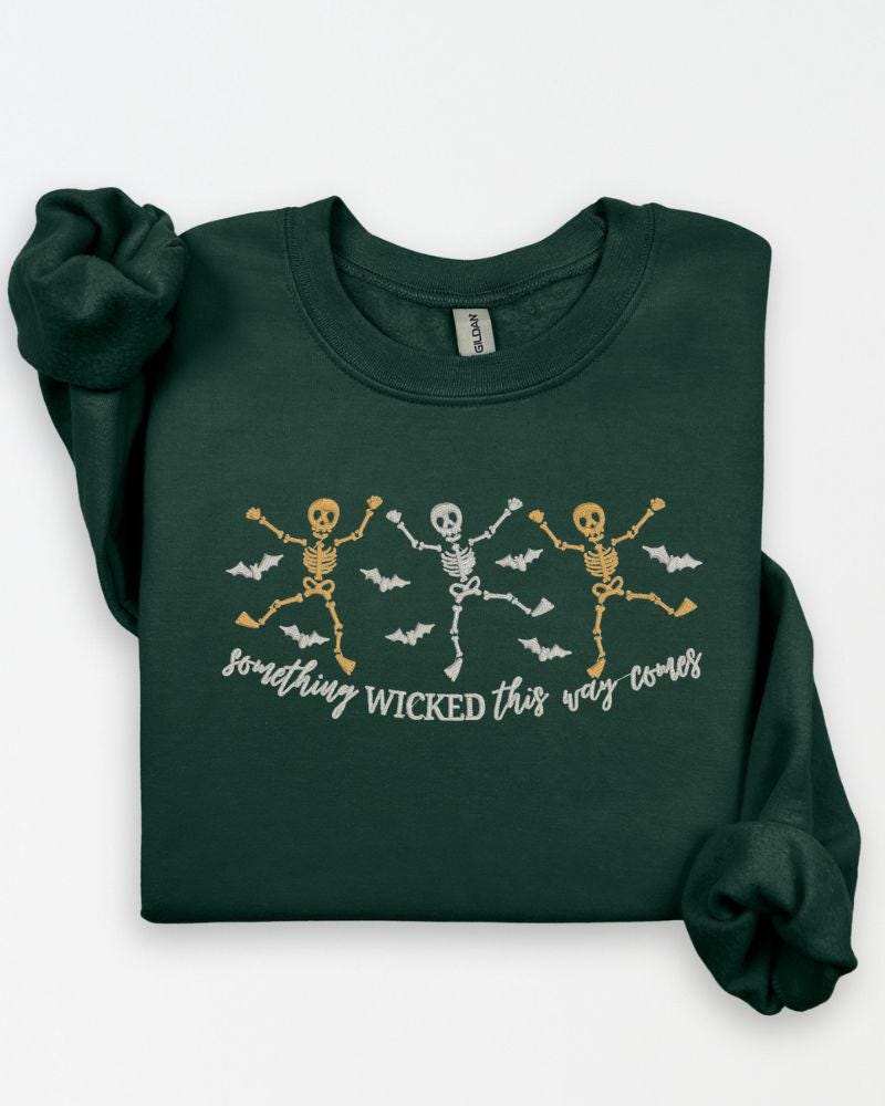 Halloween Skeleton Embroidered Sweatshirt – Spooky Dancing Skeletons & Bats – Cozy Fall Crewneck Sweater Unisex
