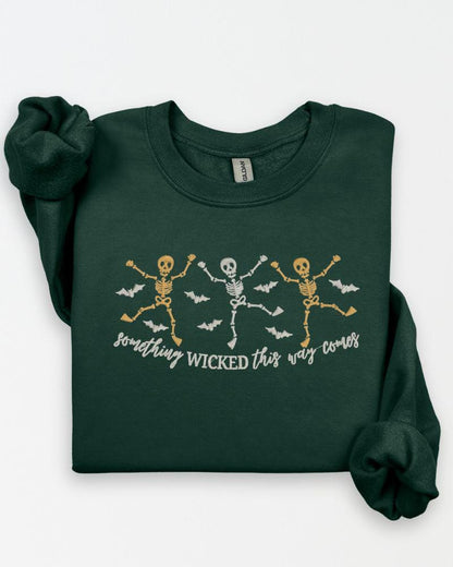 Halloween Skeleton Embroidered Sweatshirt – Spooky Dancing Skeletons & Bats – Cozy Fall Crewneck Sweater Unisex