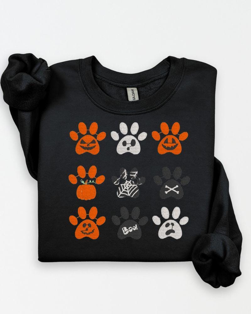 Halloween Embroidered Paw Print Sweatshirt – Cute Fall Dog Lover Shirt, Spooky Pumpkin & Ghost Design, Unisex Cozy Autumn Crewneck