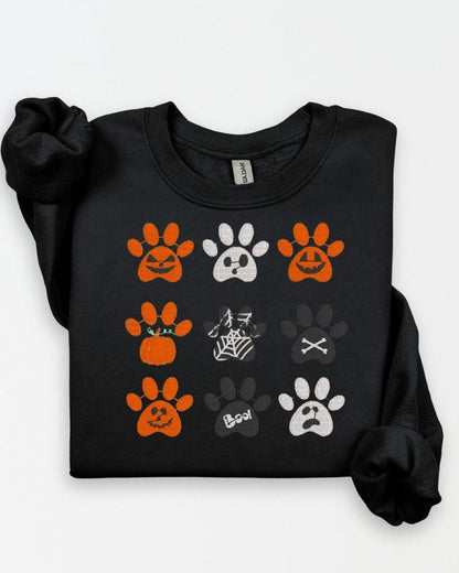 Halloween Embroidered Paw Print Sweatshirt – Cute Fall Dog Lover Shirt, Spooky Pumpkin & Ghost Design, Unisex Cozy Autumn Crewneck