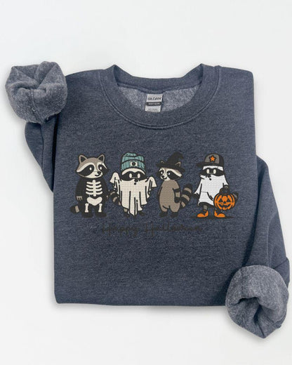 Happy Halloween Raccoon Sweatshirt – Embroidered Cute Fall Crewneck, Cozy Autumn Sweater for Animal Lovers, Spooky Season Unisex Top
