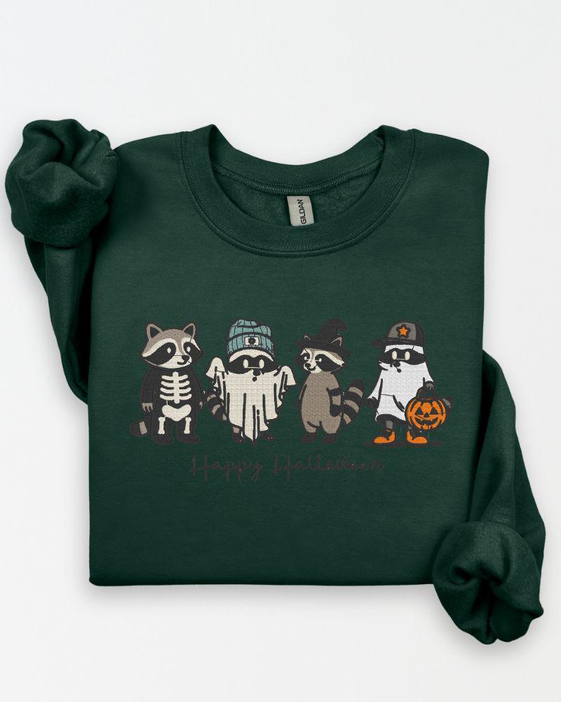 Happy Halloween Raccoon Sweatshirt – Embroidered Cute Fall Crewneck, Cozy Autumn Sweater for Animal Lovers, Spooky Season Unisex Top