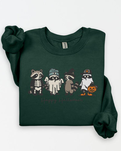 Happy Halloween Raccoon Sweatshirt – Embroidered Cute Fall Crewneck, Cozy Autumn Sweater for Animal Lovers, Spooky Season Unisex Top