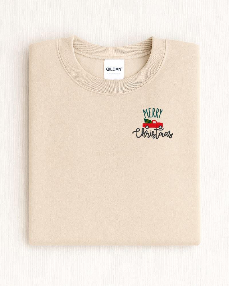 Red Truck with Tree –Embroidered Christmas Sweatshirt – Cozy Holiday Crewneck- Festive Cute Cozy Xmas Pullover-Winter Outfit