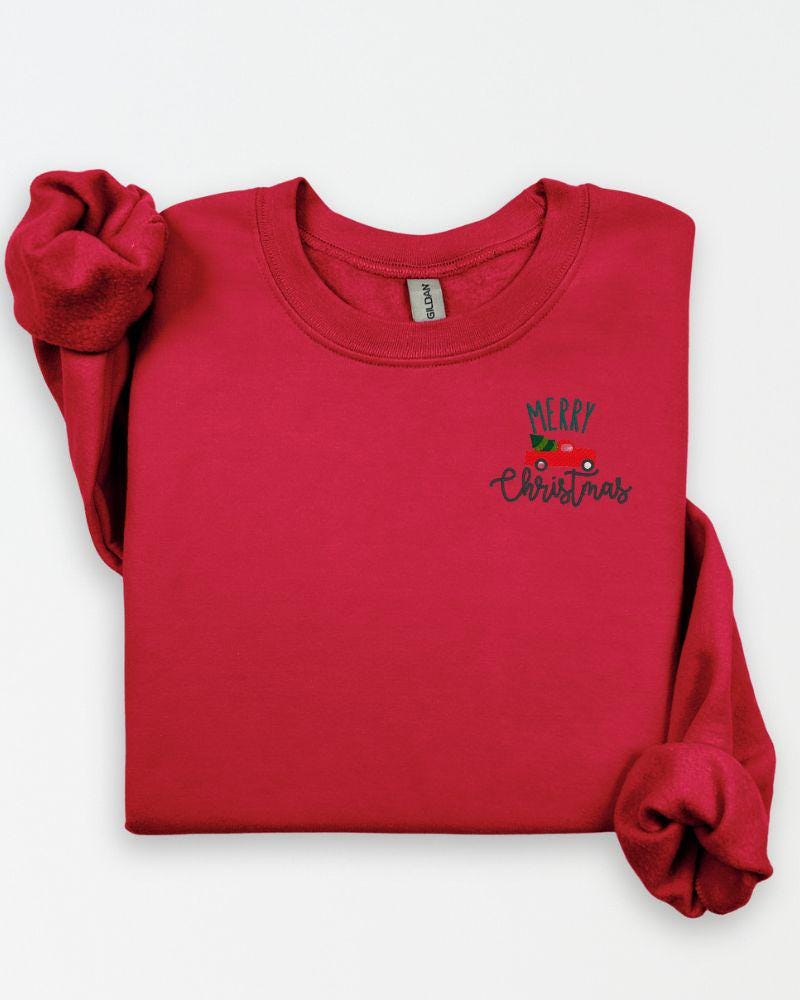 Red Truck with Tree –Embroidered Christmas Sweatshirt – Cozy Holiday Crewneck- Festive Cute Cozy Xmas Pullover-Winter Outfit