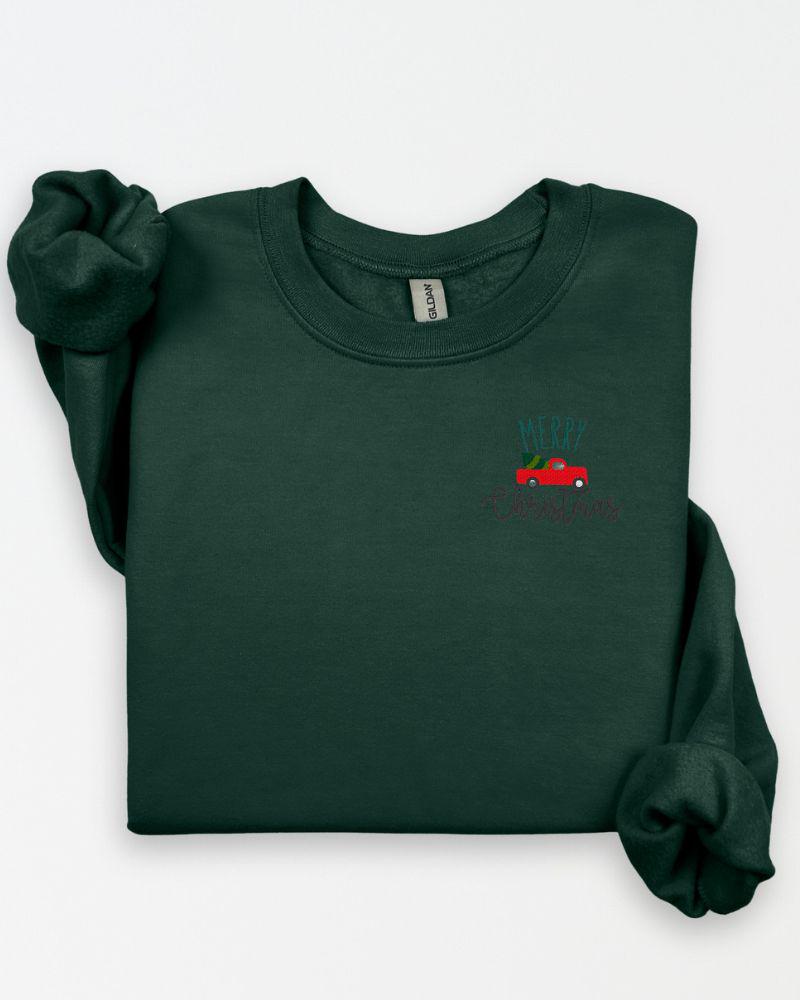Red Truck with Tree –Embroidered Christmas Sweatshirt – Cozy Holiday Crewneck- Festive Cute Cozy Xmas Pullover-Winter Outfit