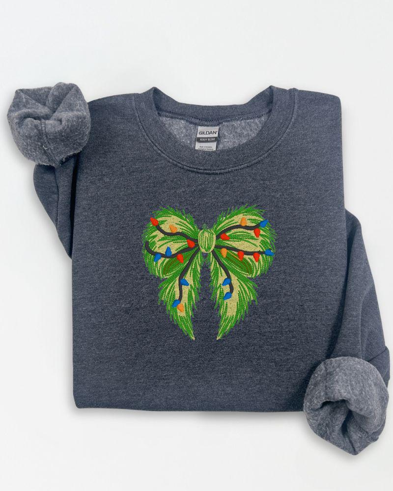 Grinchmas Bow with Lights Sweatshirt – Embroidered Holiday Crewneck – Cozy Style Sweater Gift