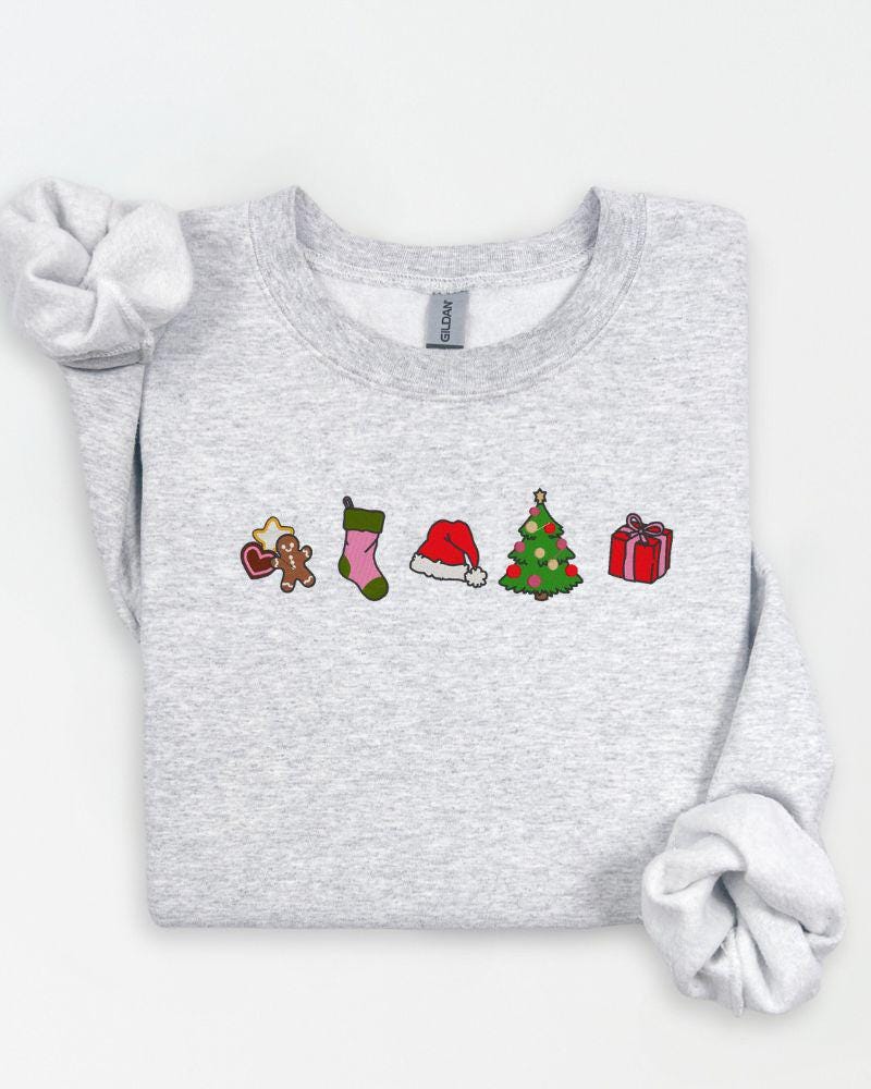 Christmas Classic Icons Embroidered Sweatshirt – Gingerbread Stocking Santa Hat Tree Gift Crewneck – Cozy Holiday Sweater Gift