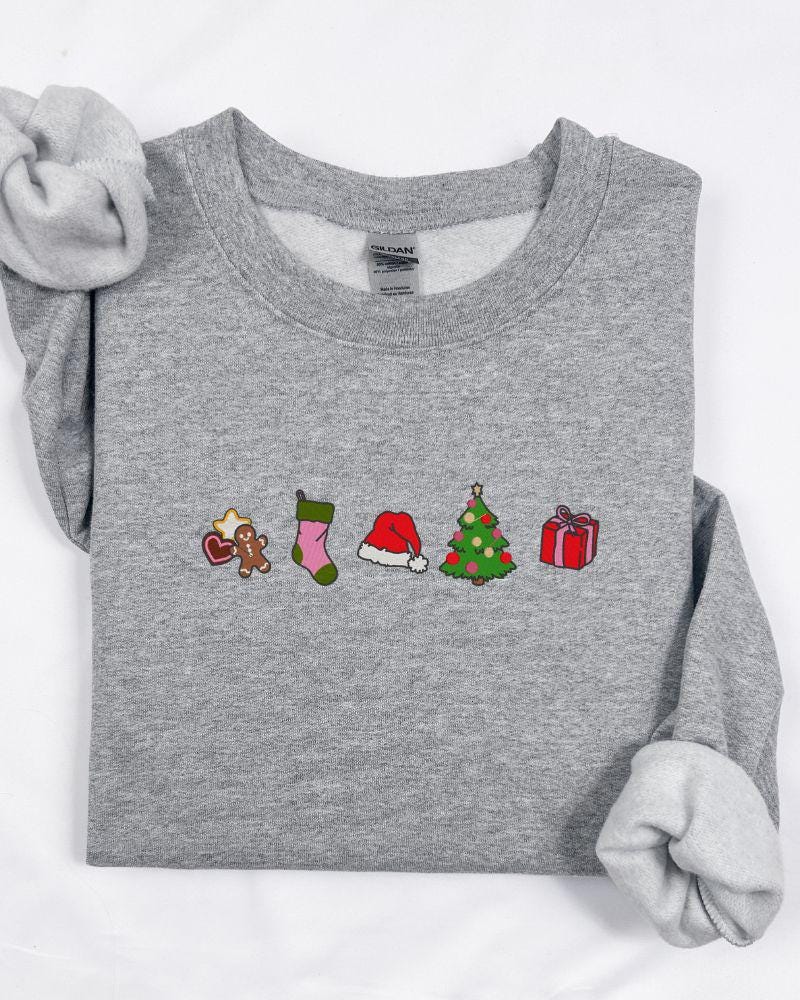 Christmas Classic Icons Embroidered Sweatshirt – Gingerbread Stocking Santa Hat Tree Gift Crewneck – Cozy Holiday Sweater Gift