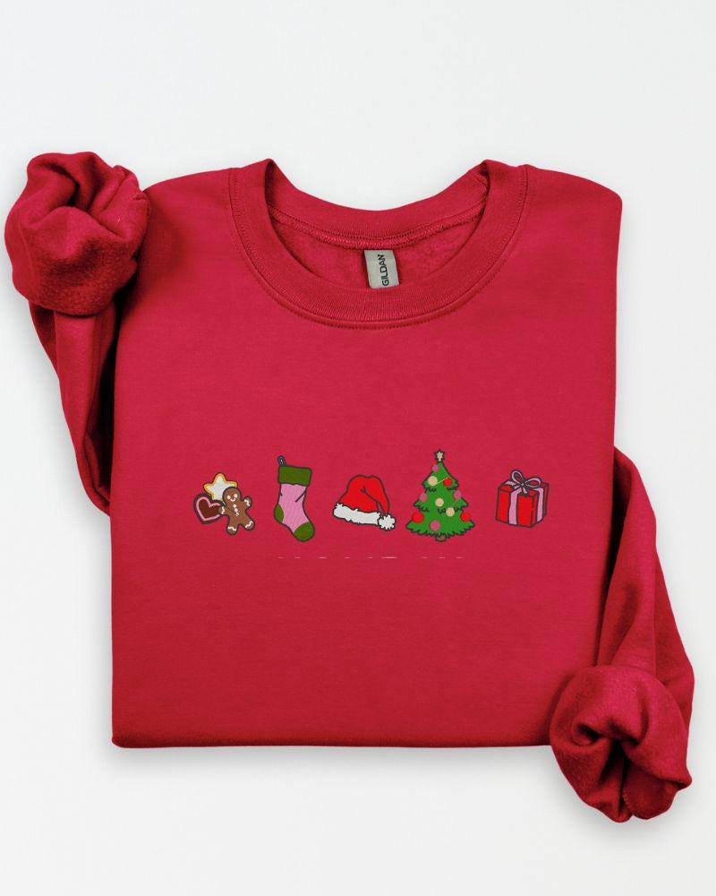 Christmas Classic Icons Embroidered Sweatshirt – Gingerbread Stocking Santa Hat Tree Gift Crewneck – Cozy Holiday Sweater Gift