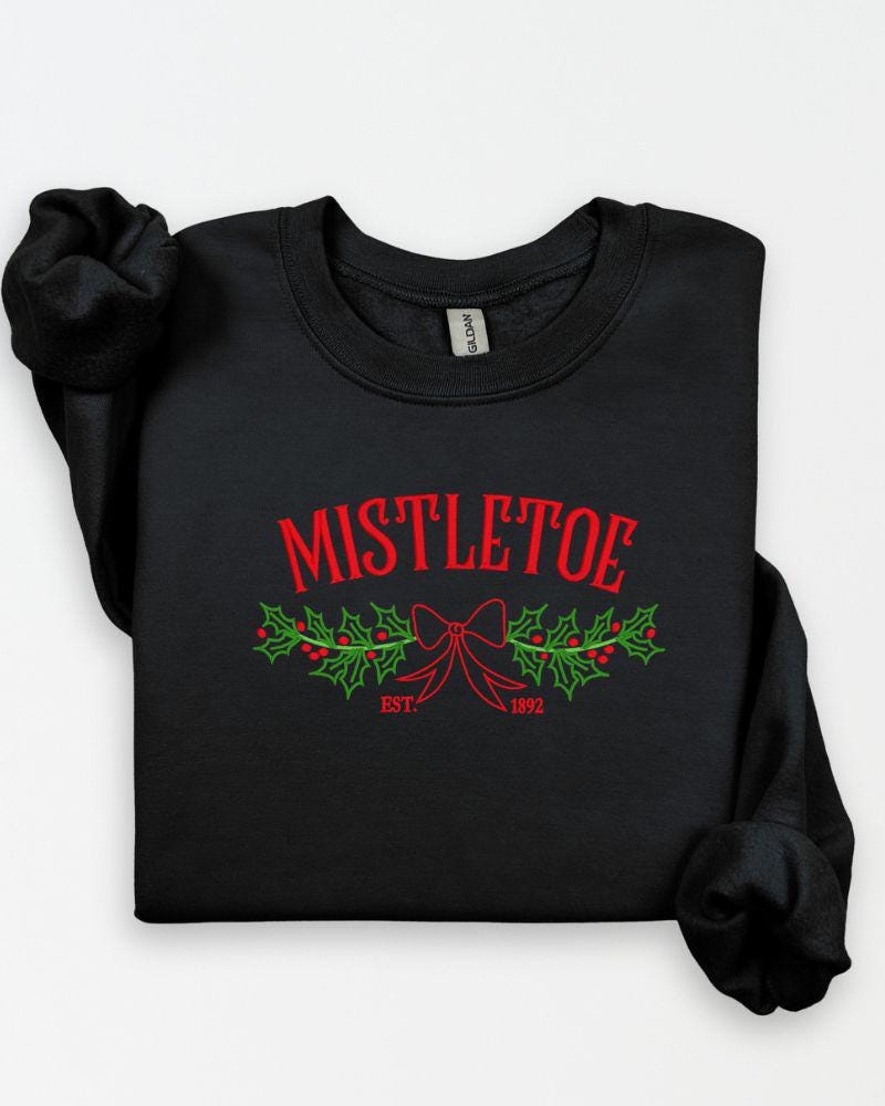 Mistletoe Christmas Sweatshirt – Embroidered Holiday Bow & Greenery Crewneck – Cozy Farmhouse Holiday Sweater Gift