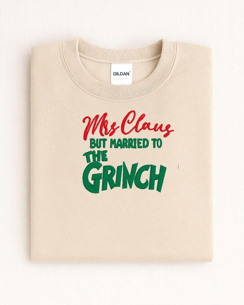 Funny Christmas Couples Sweatshirt – Embroidered Mrs. Claus Grinchy Husband Holiday Crewneck – Cozy Festive Sweater Gift with Playful Twist
