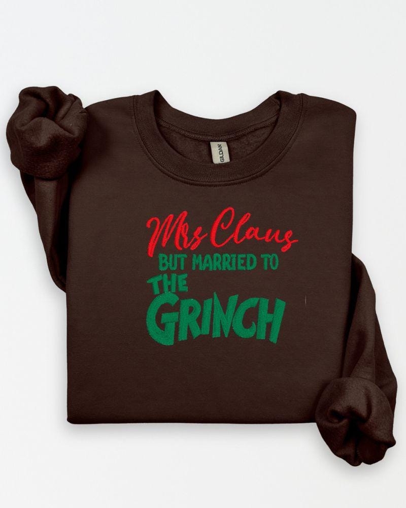 Funny Christmas Couples Sweatshirt – Embroidered Mrs. Claus Grinchy Husband Holiday Crewneck – Cozy Festive Sweater Gift with Playful Twist
