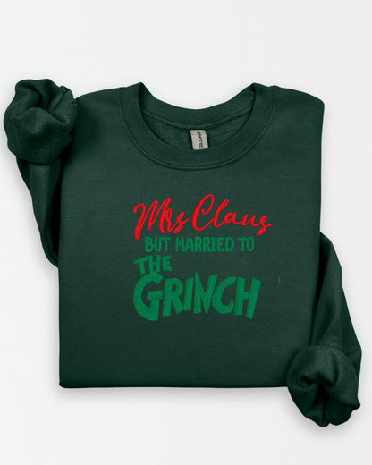 Funny Christmas Couples Sweatshirt – Embroidered Mrs. Claus Grinchy Husband Holiday Crewneck – Cozy Festive Sweater Gift with Playful Twist