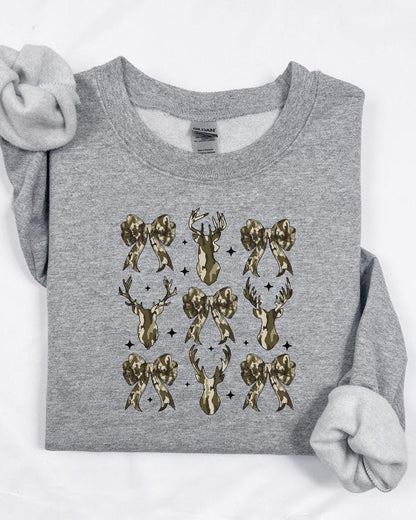 Camo Deer and Bow Sweatshirt – Cozy Crewneck for Hunters, Outdoor Moms, Fall and Winter Country Outfit