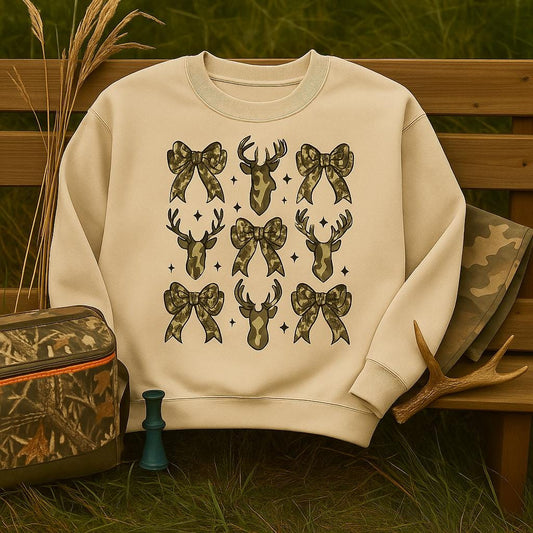 Camo Deer and Bow Sweatshirt – Cozy Crewneck for Hunters, Outdoor Moms, Fall and Winter Country Outfit