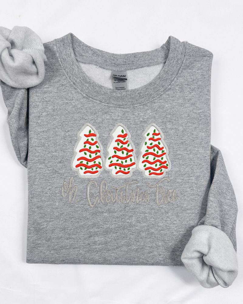 Oh Christmas Tree Sweatshirt – Embroidered Holiday Crewneck with Christmas Cakes – Cozy Unisex Christmas Sweater Gift