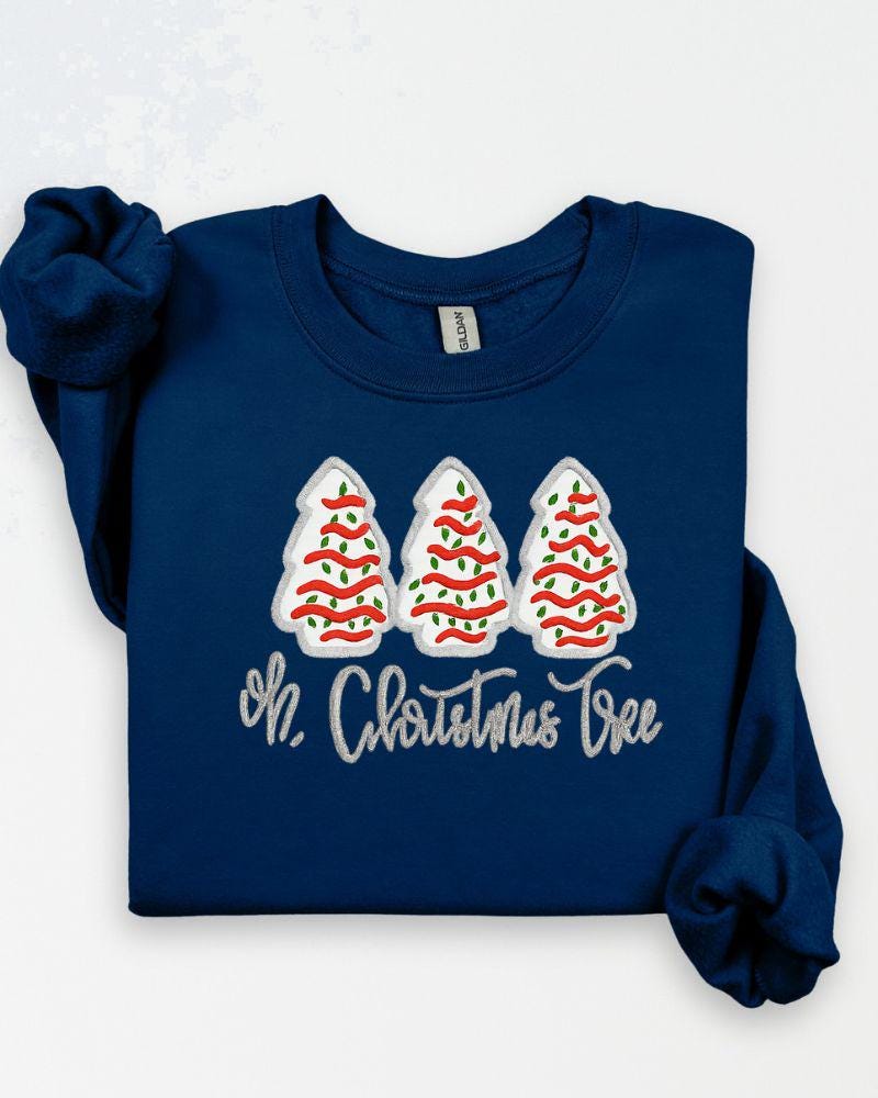Oh Christmas Tree Sweatshirt – Embroidered Holiday Crewneck with Christmas Cakes – Cozy Unisex Christmas Sweater Gift