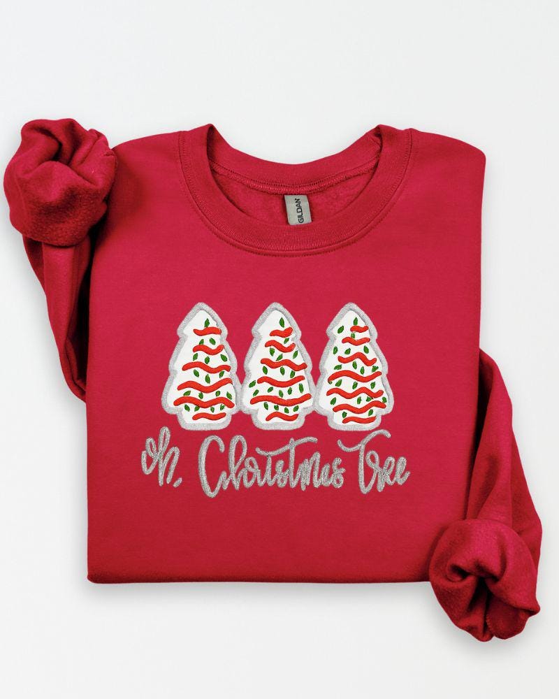 Oh Christmas Tree Sweatshirt – Embroidered Holiday Crewneck with Christmas Cakes – Cozy Unisex Christmas Sweater Gift