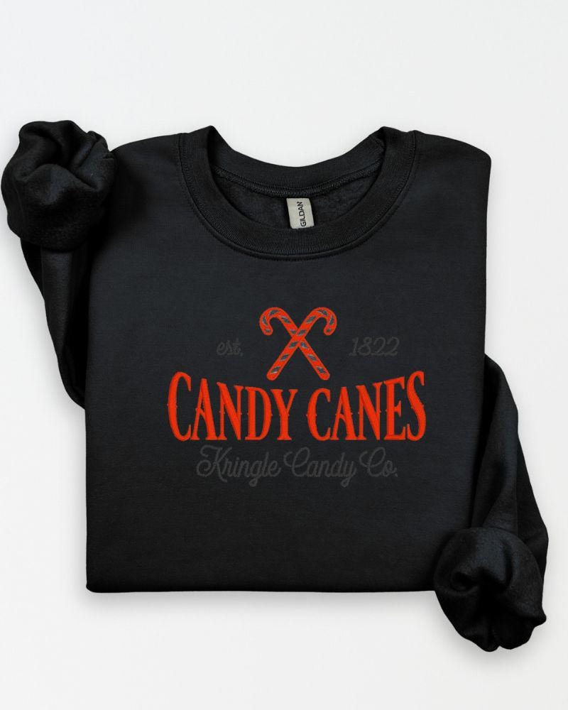 Candy Cane Kringle Candy Co. Embroidered Sweatshirt – Festive Holiday Crewneck-Cute Cozy Xmas Pullover-Winter Outfit Gift