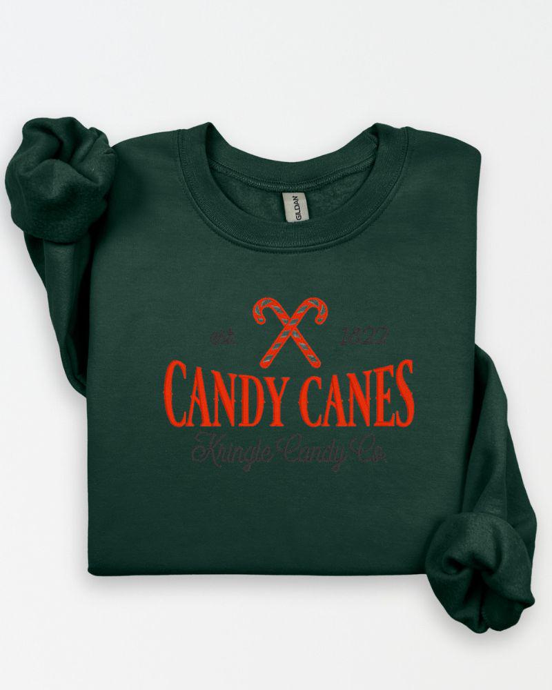 Candy Cane Kringle Candy Co. Embroidered Sweatshirt – Festive Holiday Crewneck-Cute Cozy Xmas Pullover-Winter Outfit Gift