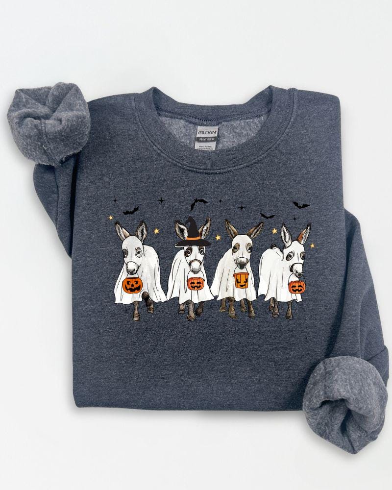 Halloween Donkey Sweatshirt –DTG Ghost & Pumpkin Donkeys – Cozy Unisex Fall Crewneck Sweater Gift for Animal Lovers