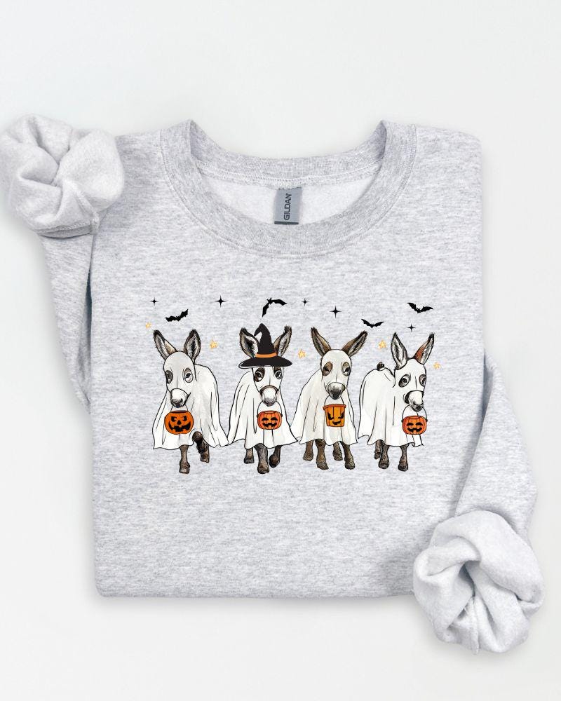 Halloween Donkey Sweatshirt –DTG Ghost & Pumpkin Donkeys – Cozy Unisex Fall Crewneck Sweater Gift for Animal Lovers
