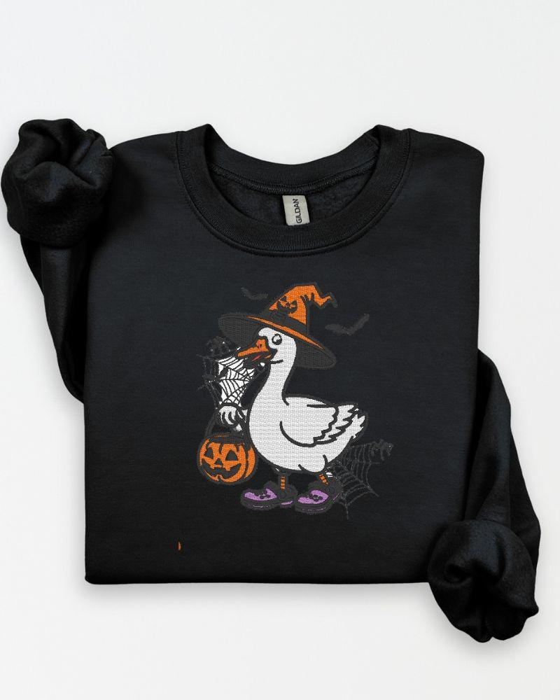 Halloween Goose Embroidered Sweatshirt | Witch Goose Crewneck | Spooky Fall Pullover | Cute Autumn Embroidery Sweater