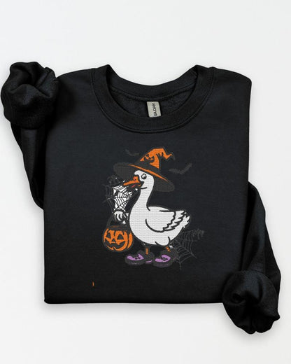 Halloween Goose Embroidered Sweatshirt | Witch Goose Crewneck | Spooky Fall Pullover | Cute Autumn Embroidery Sweater